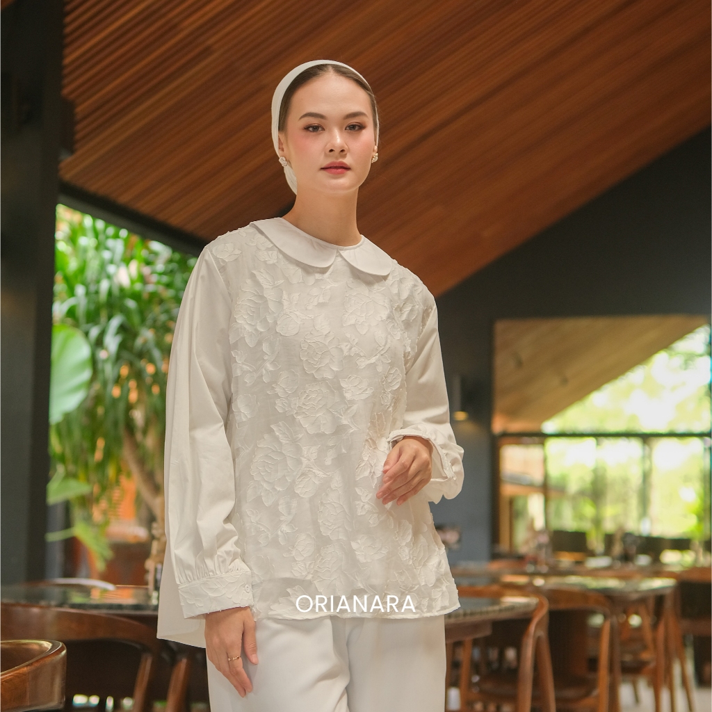 Orianara Blouse Atasan Wanita Putih Katun Bordir Baju Kondangan Muslimah Panjang SHILOH BLOUSE