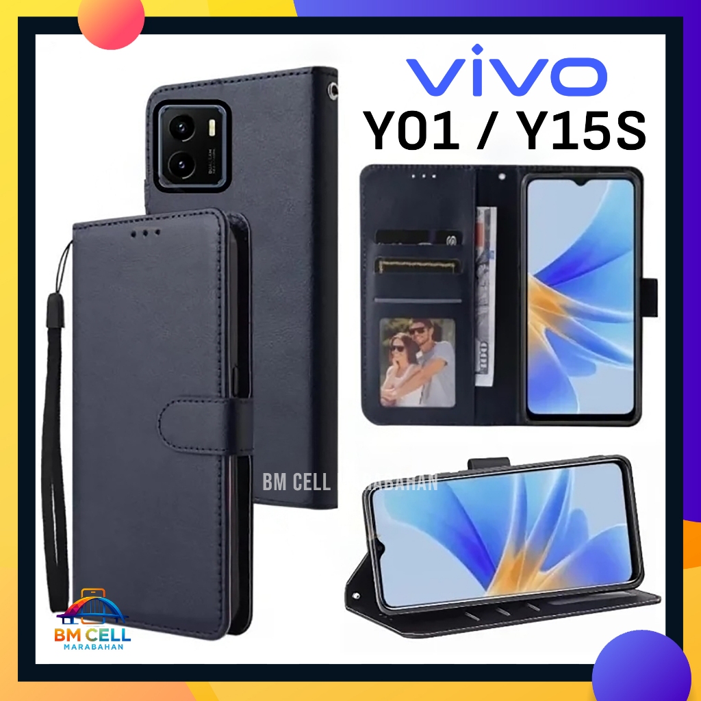 Case Vivo Y01 / Y15s Flip Cover Dompet Premium Leather Softcase Slot Kartu & Uang Full Protection