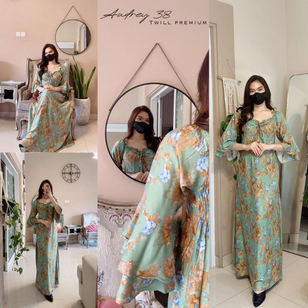 Daster Arab FAIRUZ AUDREY Long Dress Lengan Pendek Smoke Karet Twill Premium Motif Cantik