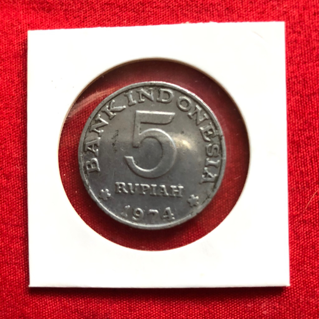 Uang koin Kuno 5 Rupiah Tahun 1974 Besar Gambar KB Original Sudah Holder Koleksi Nostalgia