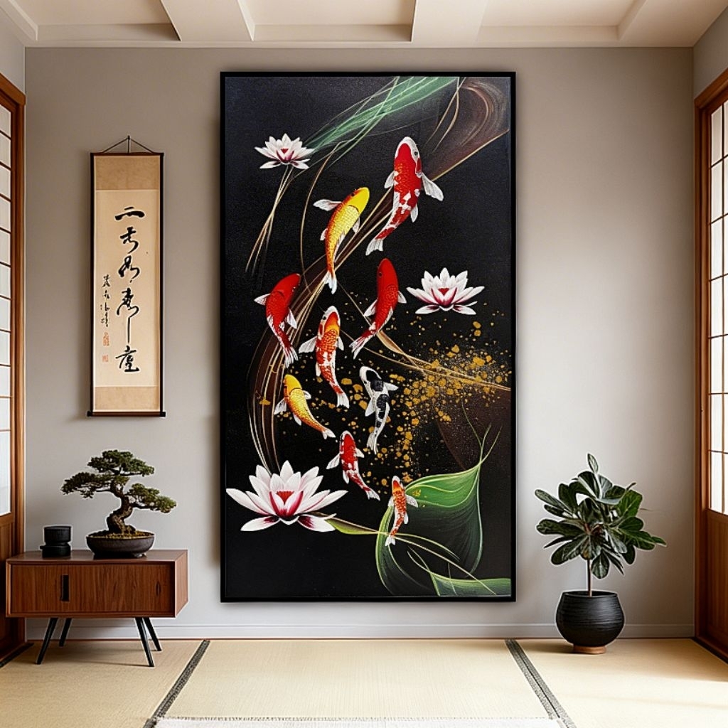Lukisan Ikan Koi 9 Ekor Fengshui Abstrak Kanvas Handmade Modern Art - Hiasan Dinding Minimalis Ruang