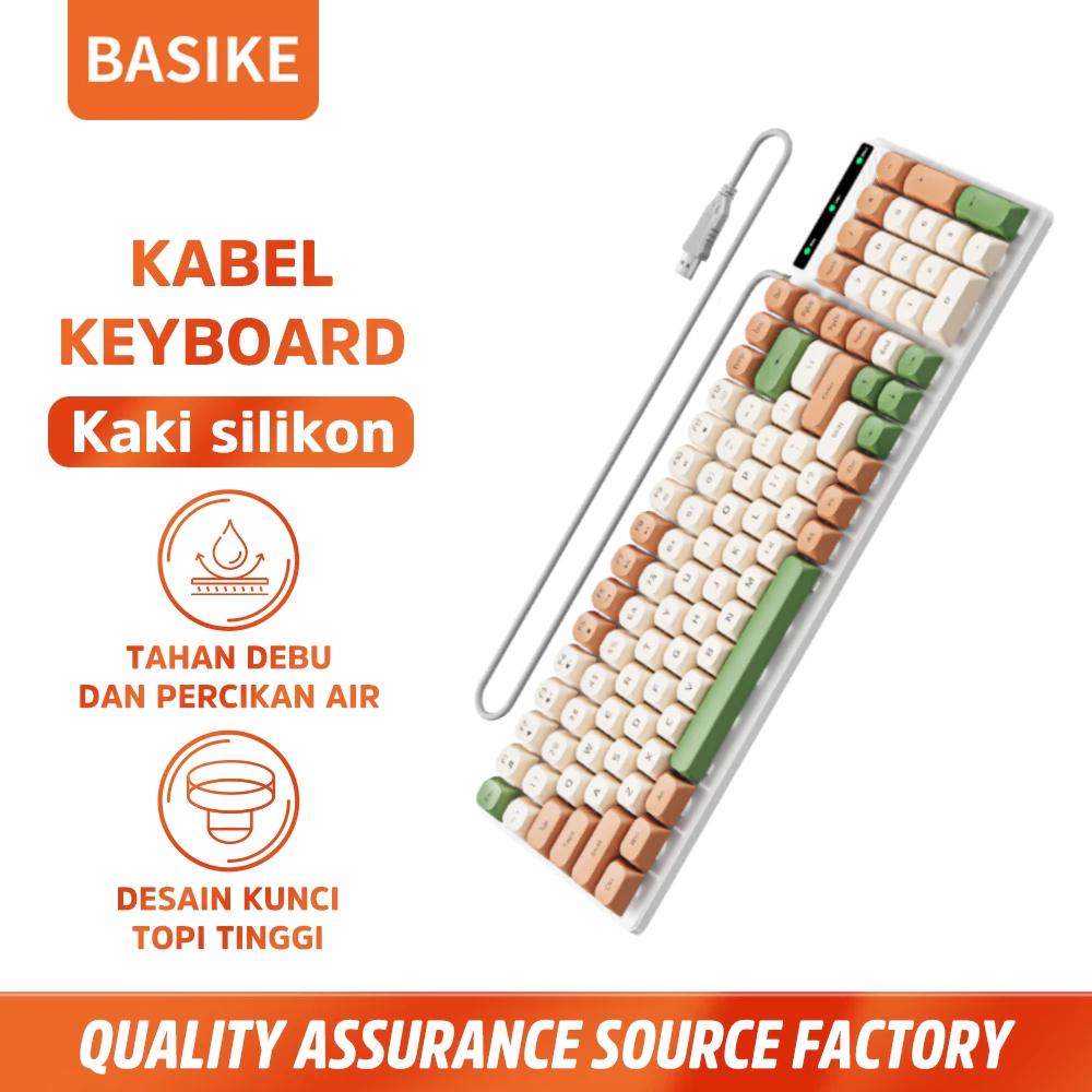 BASIKE Keyboard USB K54 98 Tombol Macaron Warna Senyap Ergonomis Tahan Air Plug and Play Ringkas USB