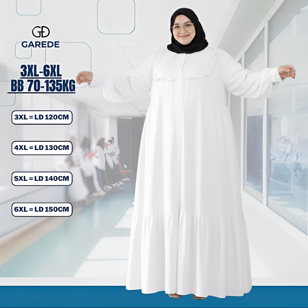 Garede - Gamis Jumbo LD 120 130 140 150 Crinkle Premium Abaya Putih Mewah Syari Terbaru Lebaran