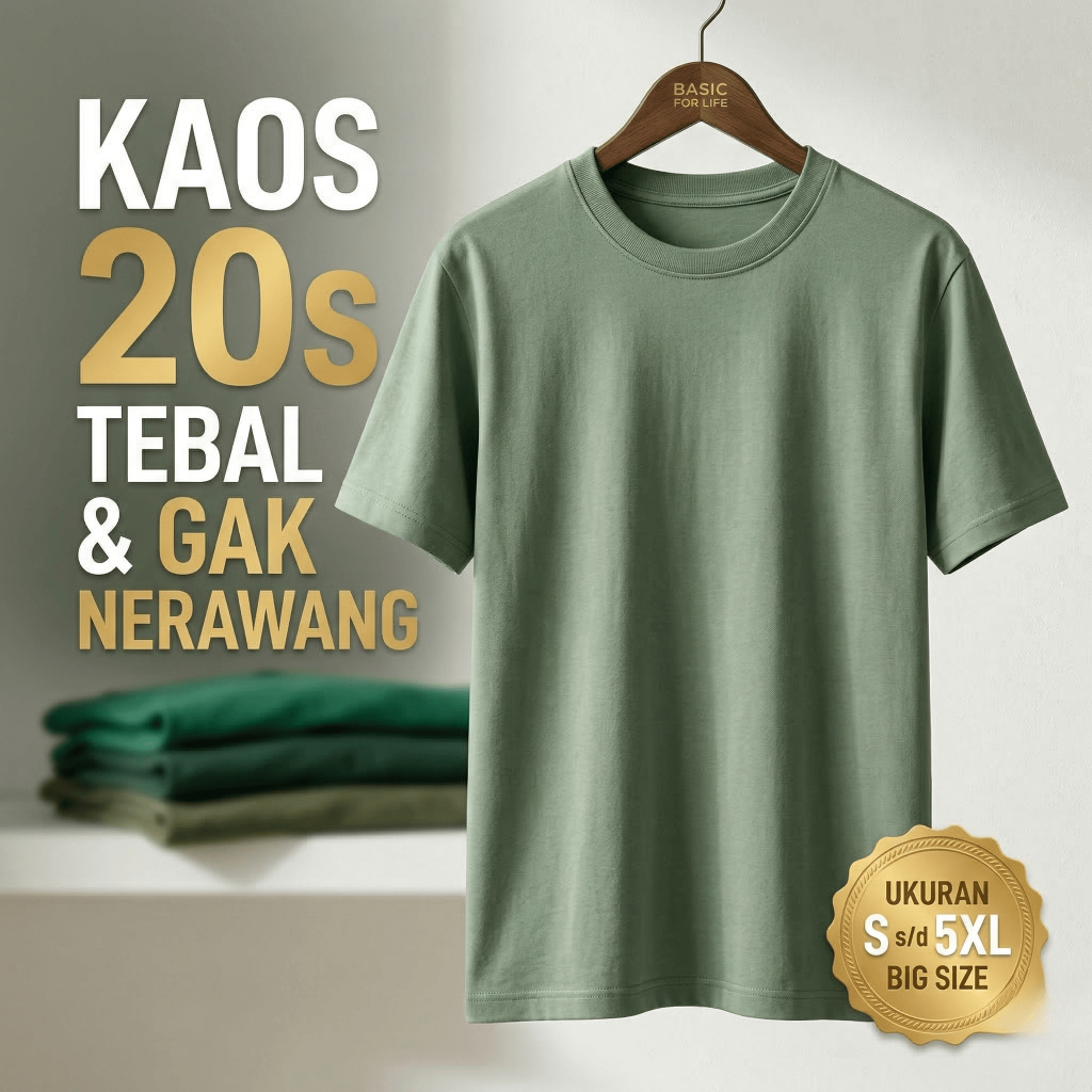 Kaos Polos Hijau Unisex Cotton Combed 20s Premium Adem S-5XL Basic For Life