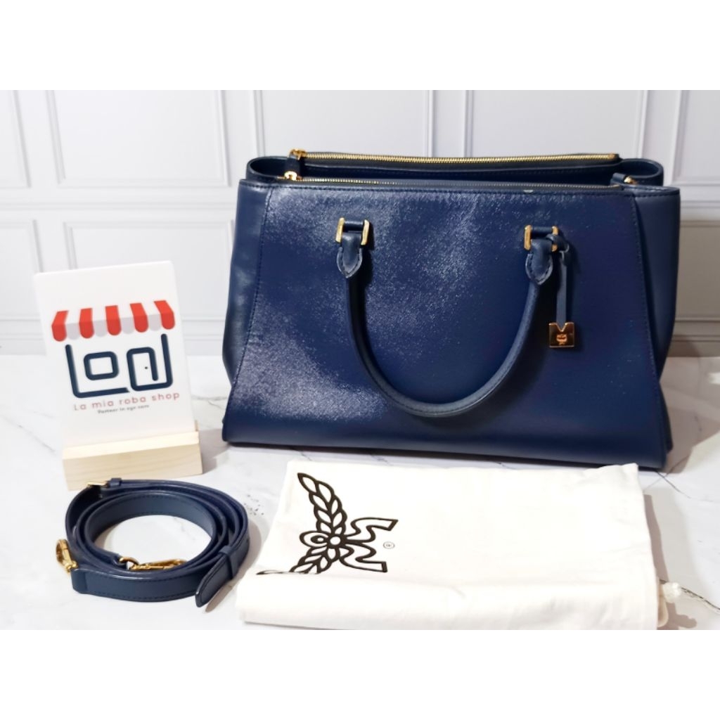 [Preloved] MCM Blue Two-Way Leather Hand Bag