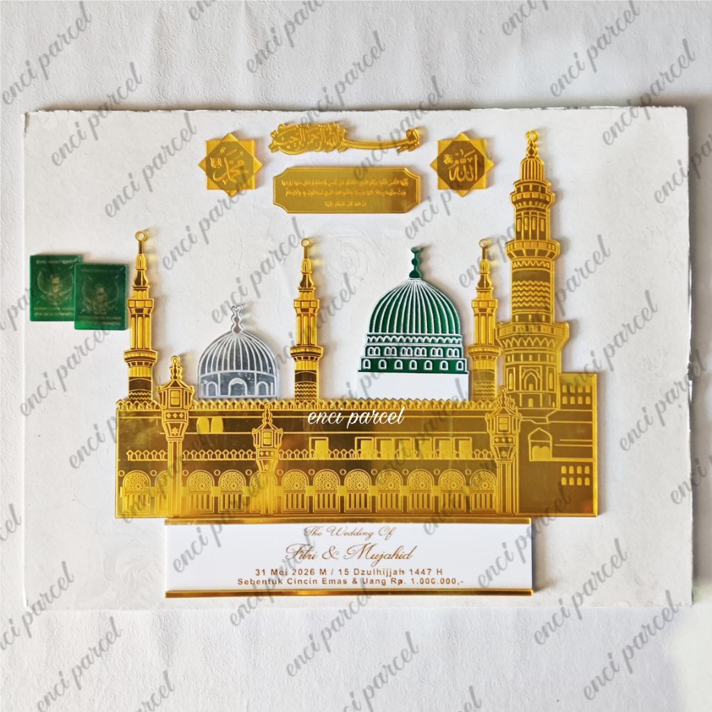 kode 327 set dekorasi mahar miniatur masjid nabawi bentuk tiang menara pintu jendela logo kubah hija