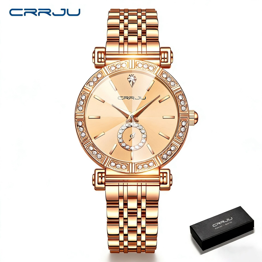 CRRJU Jam Tangan Wanita Anti Air Rantai Korea Analog Perempuan Anak Mawar Merah Hitam IMport Quartz 