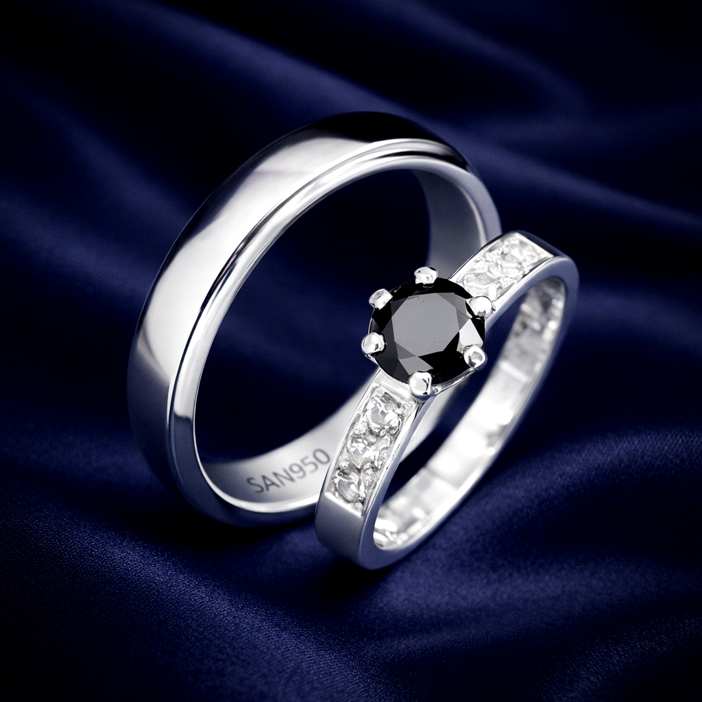Cincin Nikah Couple Permata Hitam SAN950 C07 - Perak 950 Palladium Platinum Emas