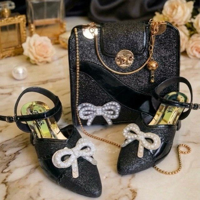 sandal pesta kondangan pernikahan satu set sandal heels dan tas pesta wanita