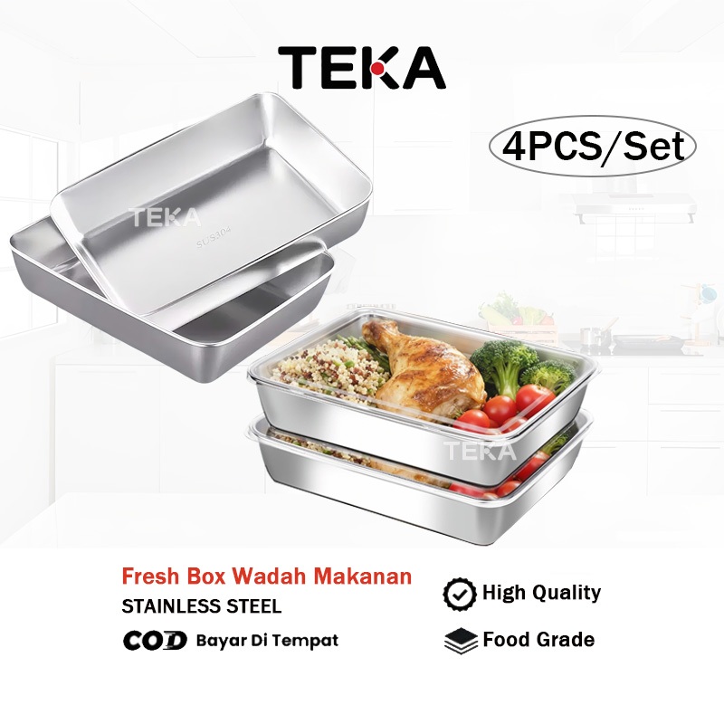 TEKA 4PCS/Set Food Container -Food Box Serbaguna Stainless Steel SUS304 Tutup Plastik 25cm x 20cm x 