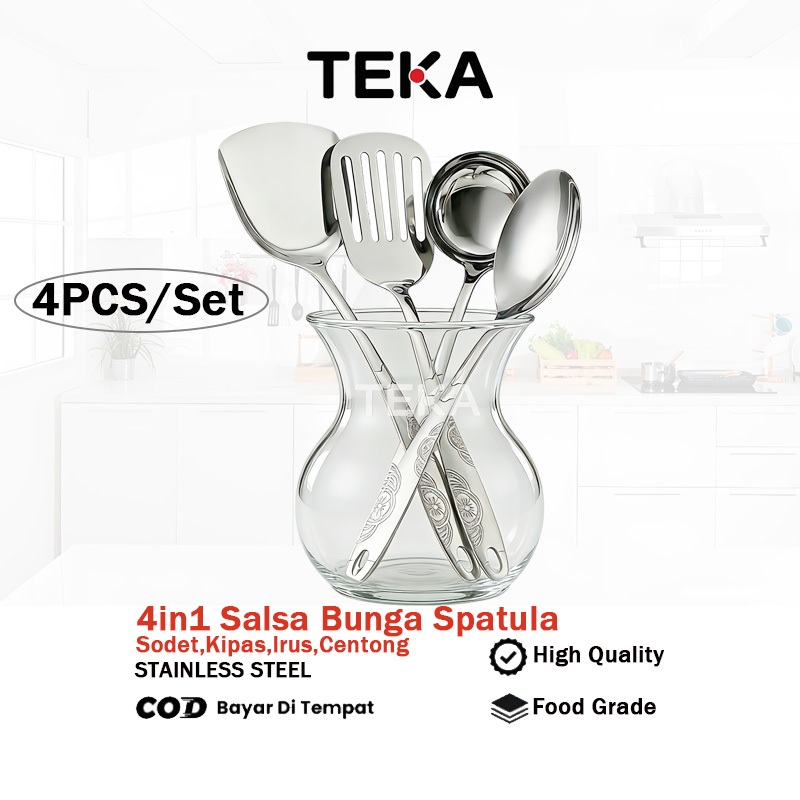 TEKA 4IN1 Sodet Spatula Sutil Irus Centong Penggorengan Centong Sayur Motif Bunga Stainless - 4PCS/S