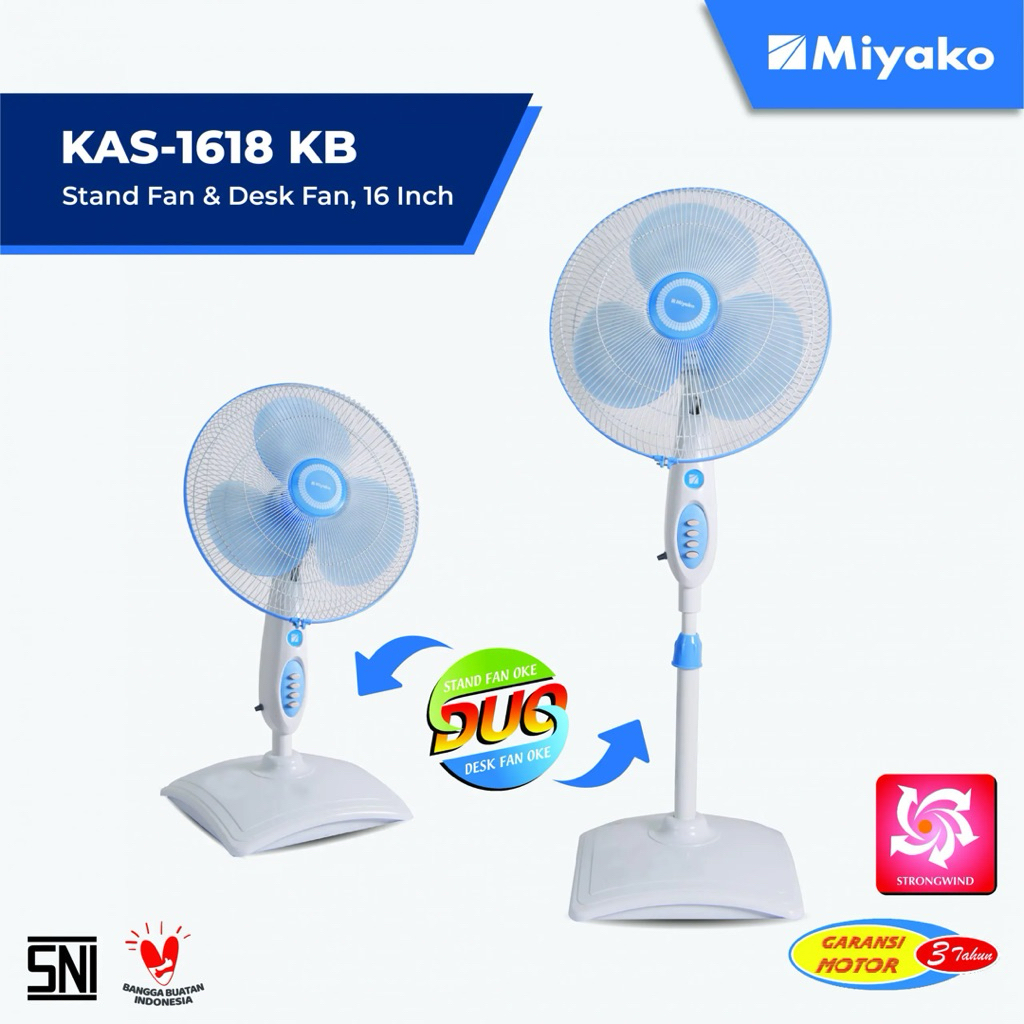 MIYAKO KAS-1618KB (DUO)-KIPAS ANGIN 16 INCH | 2IN1 BERDIRI & MEJA KAKI BULAT DUO | GARANSI RESMI ORI