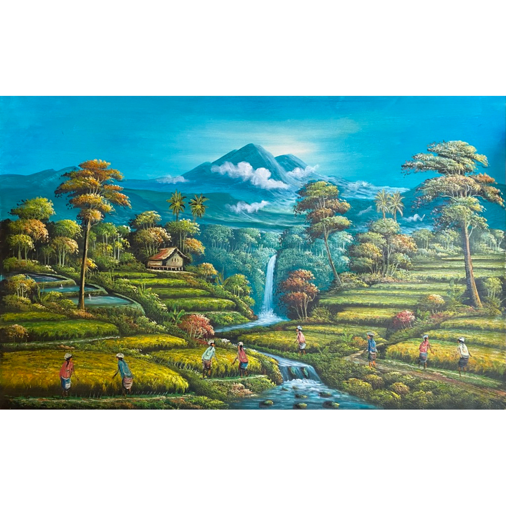 Lukisan pemandangan Sawah dan View Gunung Agung Bali, Lukisan Canvas, Landscape, Lukisan Panen Palet