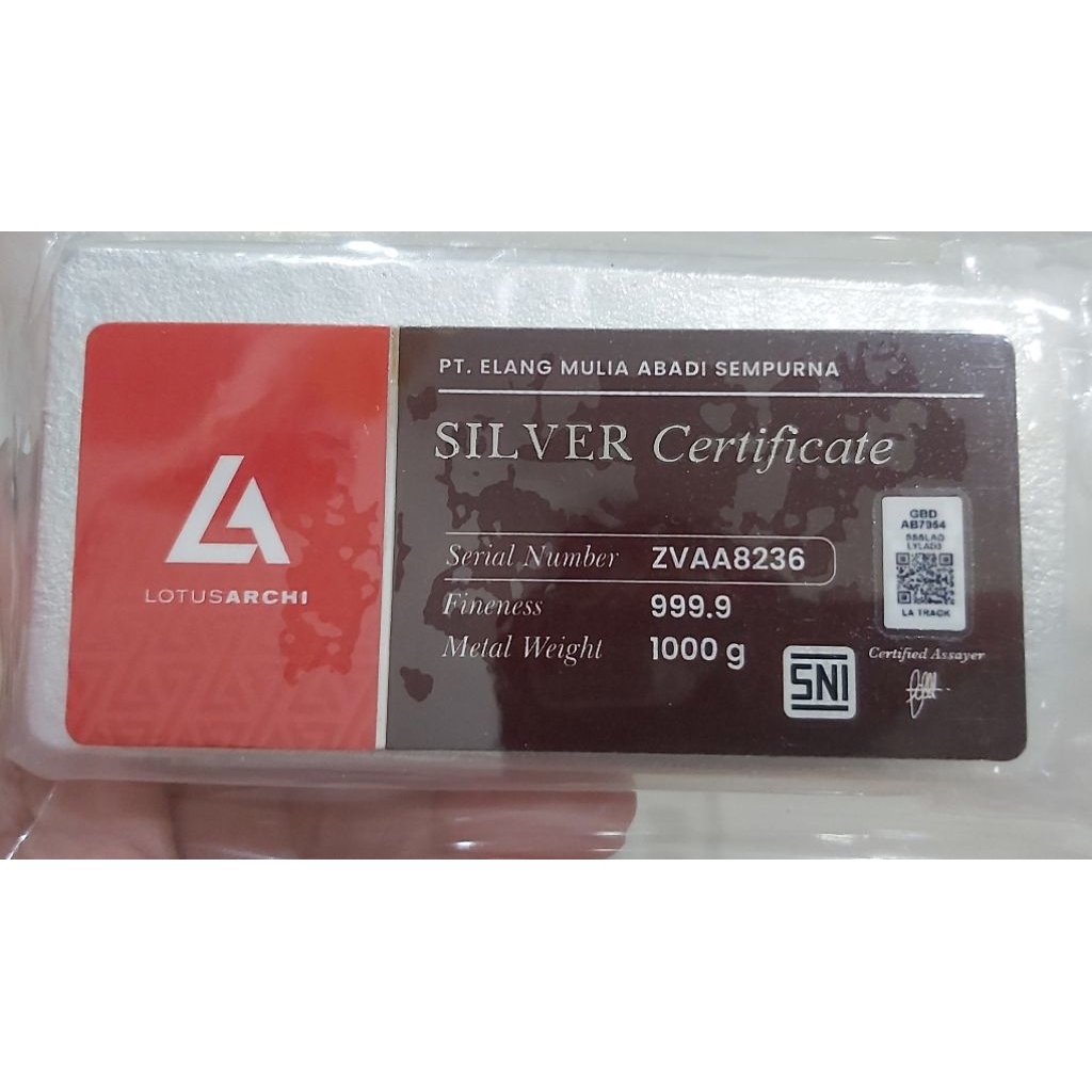 Logam Mulia Lotus Archi Perak 1000grm sertifikat