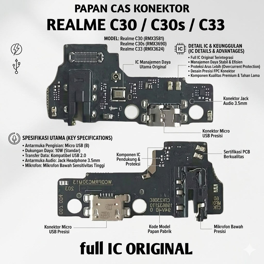 Konektor Charger For Realme C30 / C33 Flexibel Charger Konektor Papan Cas For Realme C30 / Realme C3