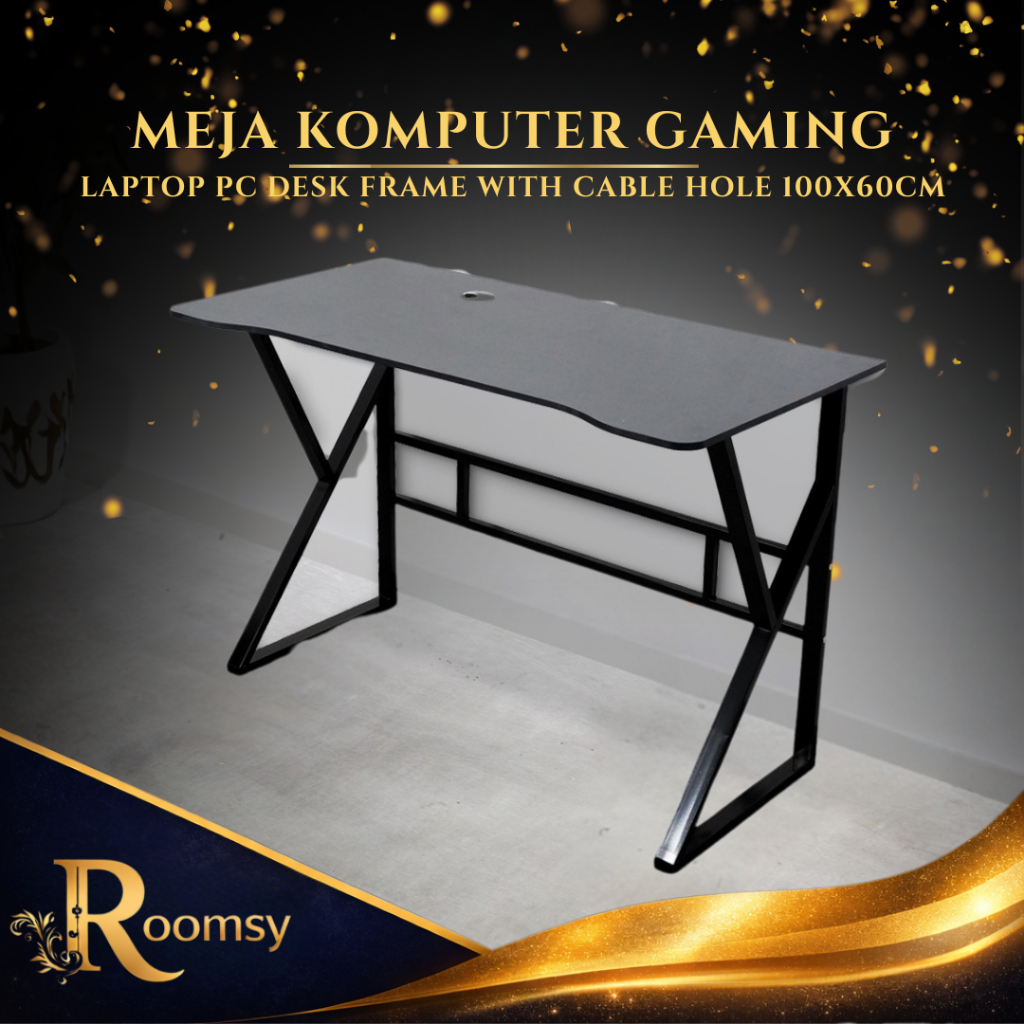 Meja Komputer Gaming Laptop PC Desk Frame Cable Hole 100x60cm Black Kerja Belajar Kantor Minimalis A