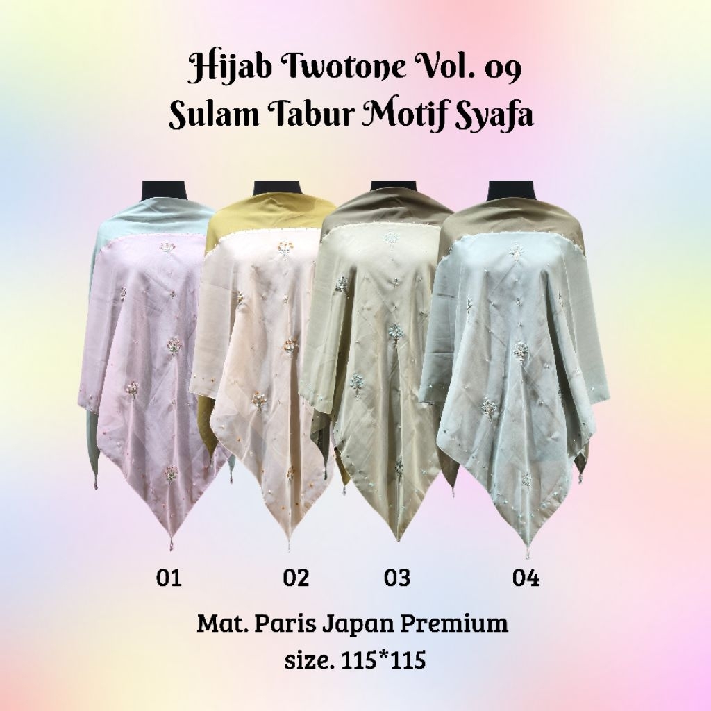 Hijab Persegi empat Paris Japan Premium Twotone Vol 09 Sulam Tabur Motif Syafa/  Hijab Sale/Hijab Mu