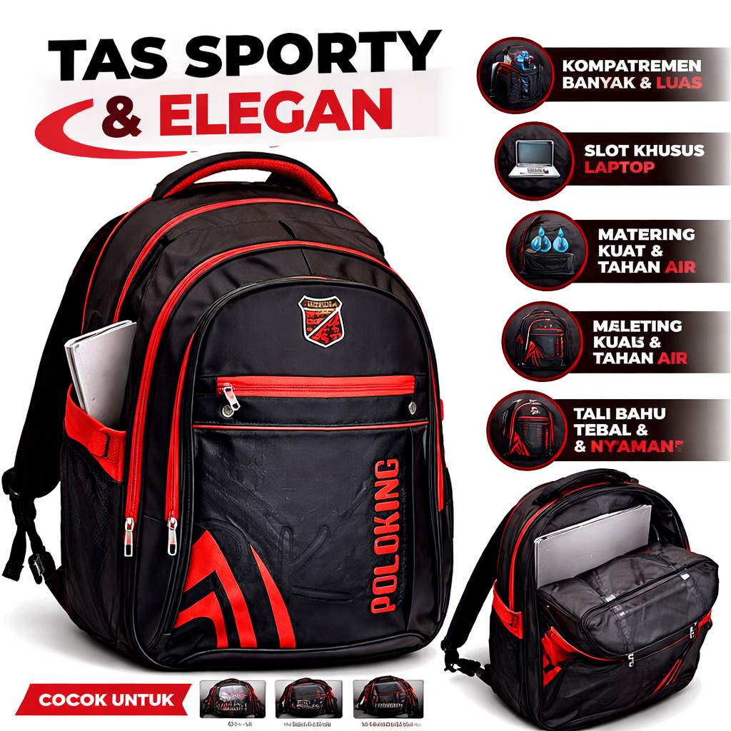 Tas Ransel Polo King Pria Wanita – Backpack Sekolah Kerja Travel Stylish Hitam Orange