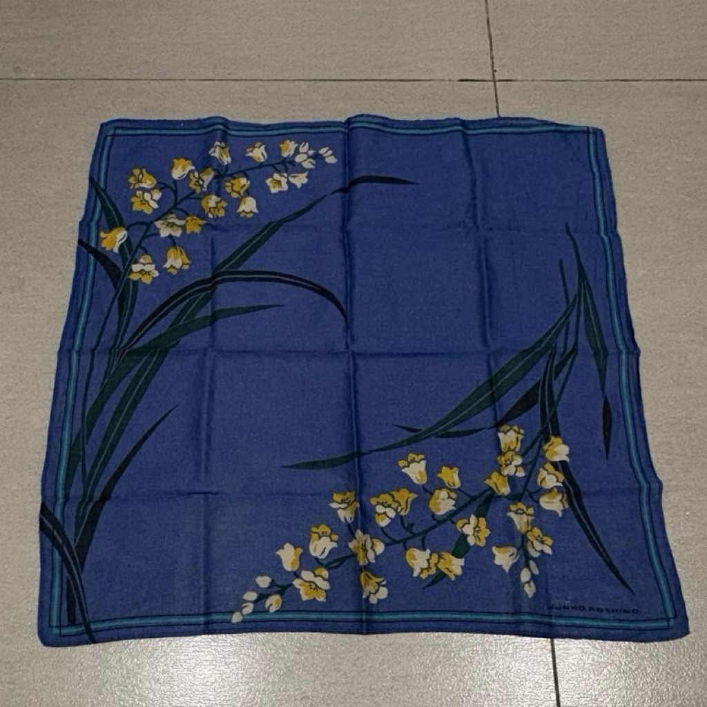 Saputangan Wanita Junko Koshino Made in Japan Biru Tua Katun Lembut Motif Bunga Soft Cotton Import