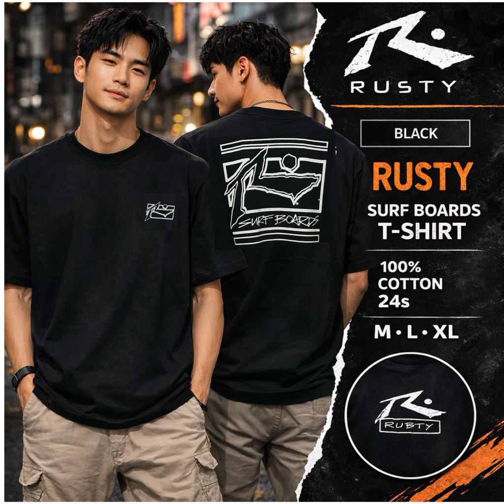 T-Shirt Premium Kaos Surfing Rusty Original Pria Hitam Surf Boards Cotton 24s Sablon Depan Belakang