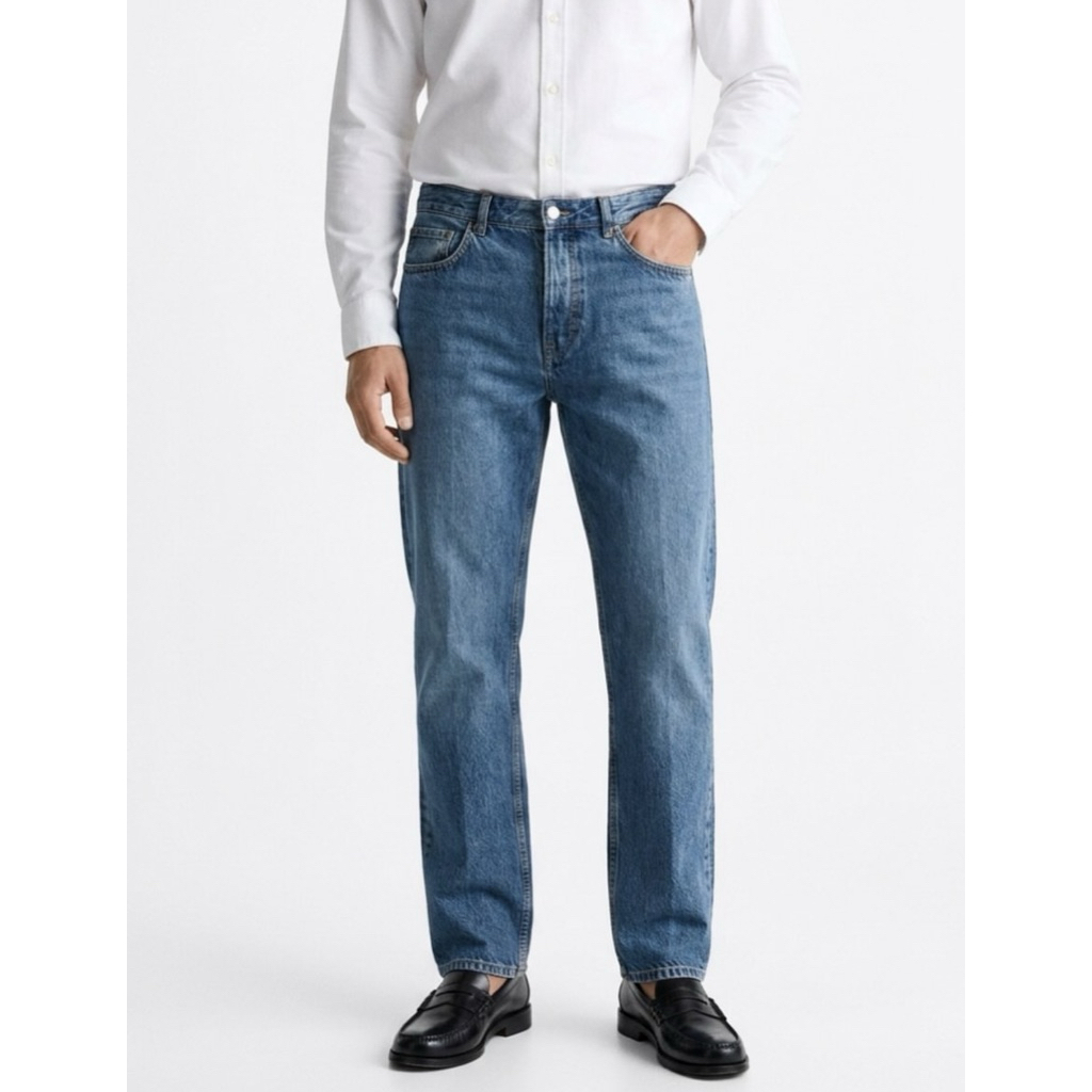 ZARA MAN DENIM REGULAR FIT STRAIGHT MIDD BLUE WASHED JEANS (36-37)