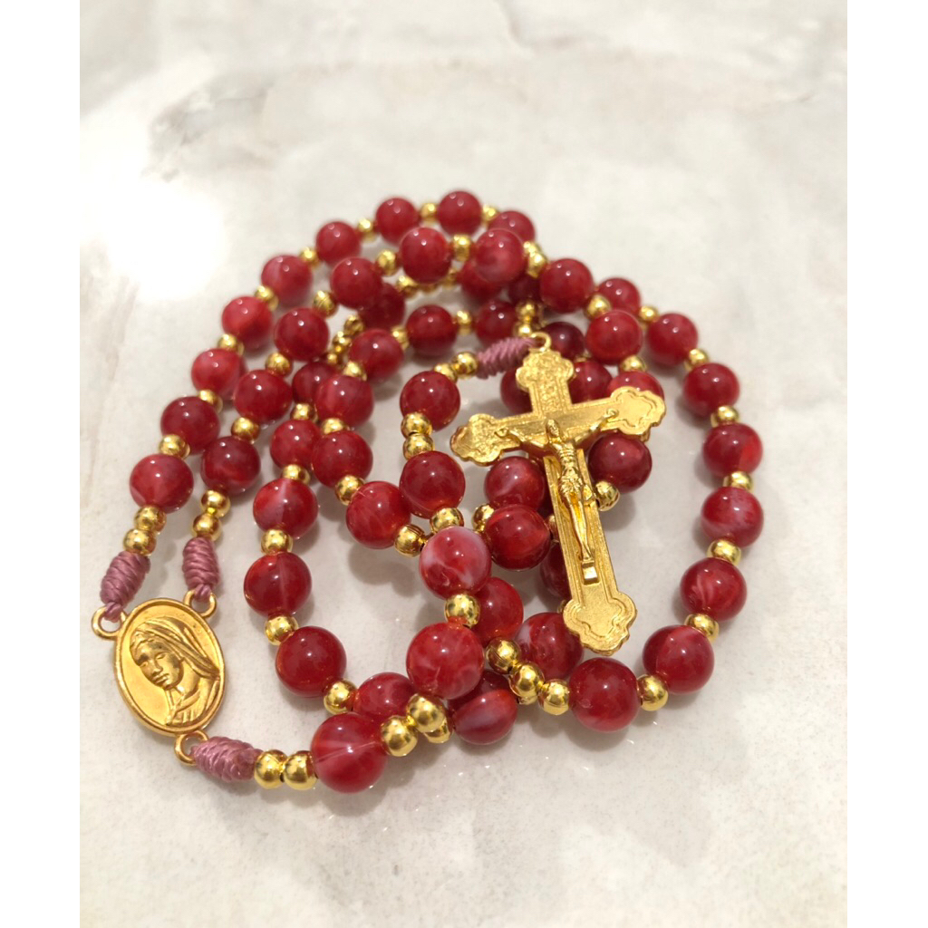 Rosario tali 5 Peristiwa 50 salam maria warna merah cantik dari manik marmer salib dan harces warna 