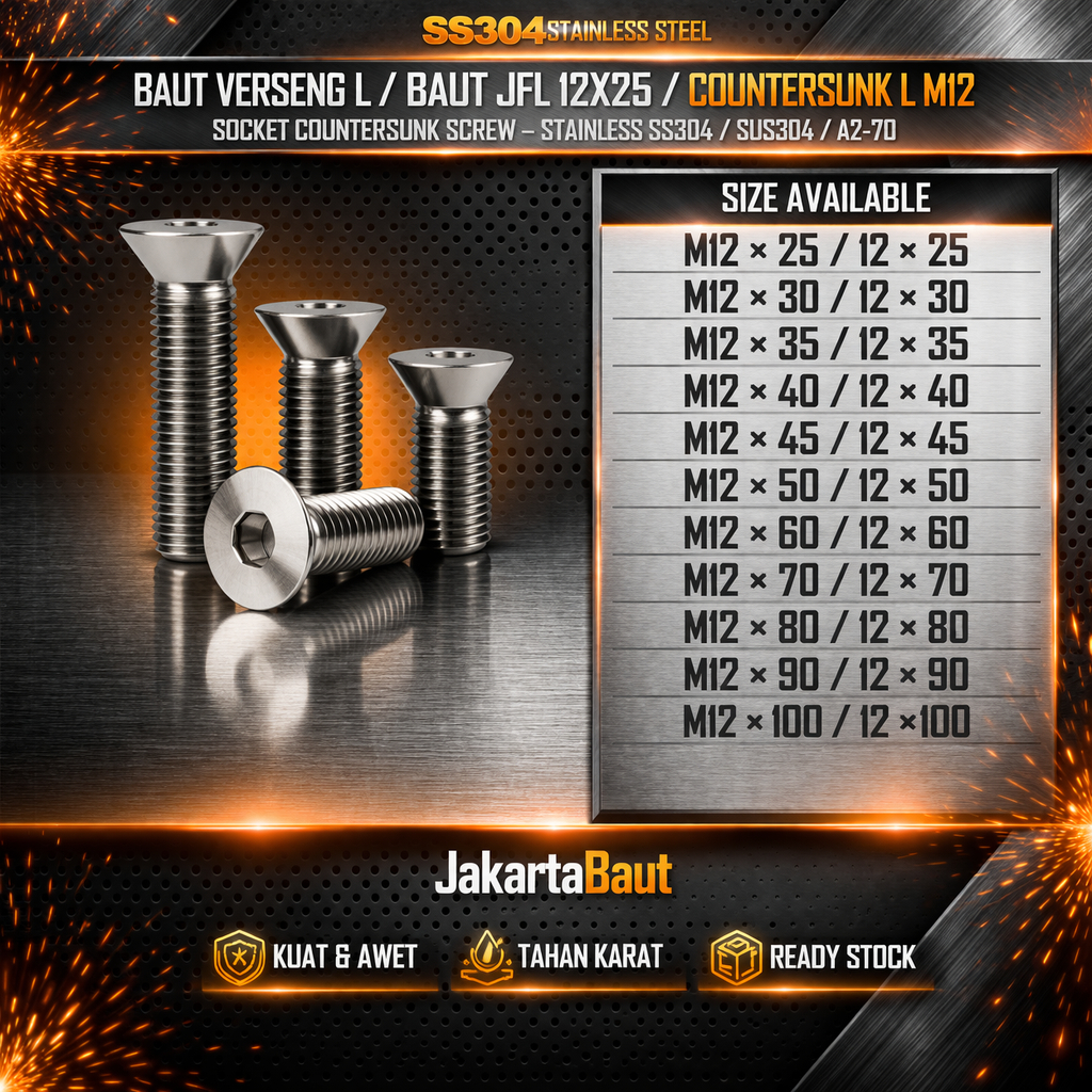 Baut Verseng L M12X100 / Baut JFL 12X100 / Countersunk L M12 X 100 / 12 X 100  - Socket Countersunk 