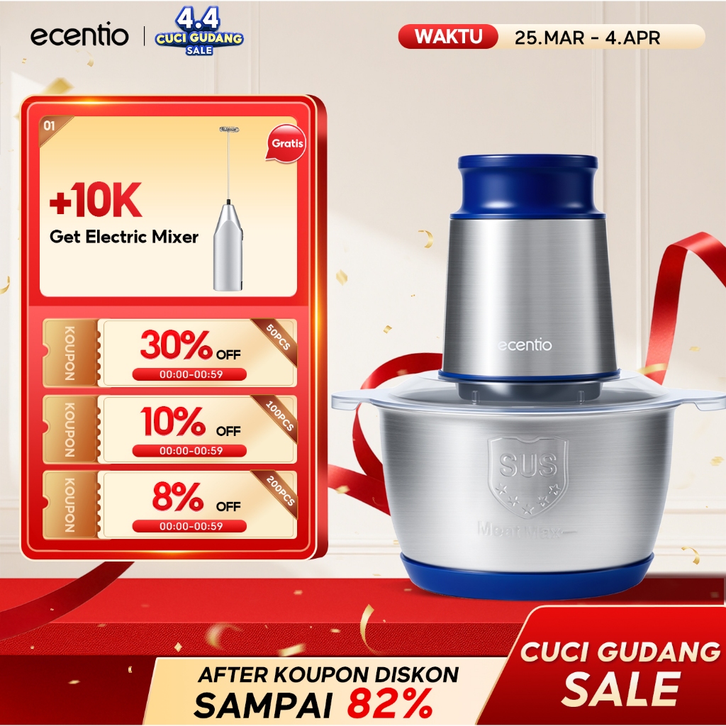 ecentio food chopper stainless coper daging dan bumbu 2L food processor 6 Mata Pisau blender 250W pe