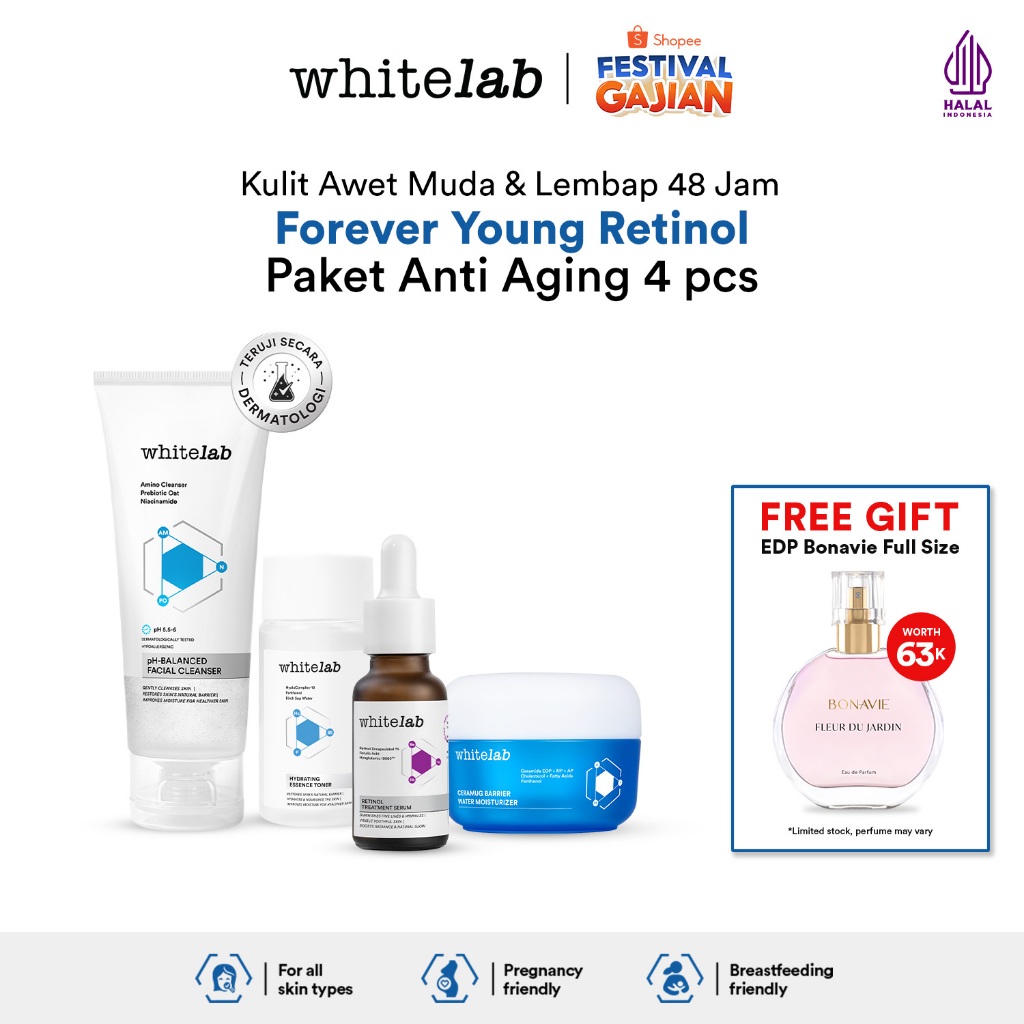 Whitelab 4 pcs Anti Aging Series - Facial Cleanser, Essence Toner, Serum, Moisturizer Paket Skincare