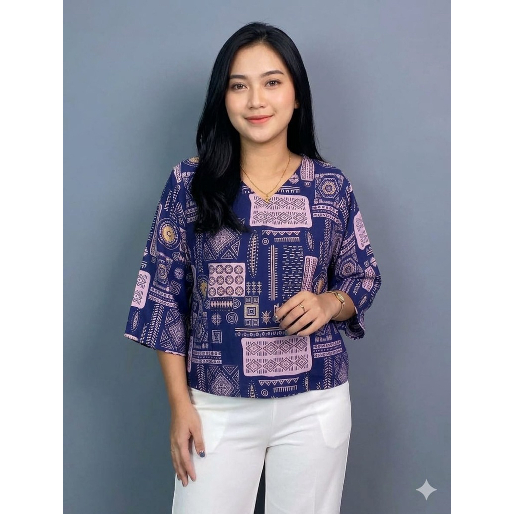 Atasan Wanita Rayon Motif | TOP ZINIAA | Blouse Wanita Kekinian Lengan Lonceng Leher V Adem