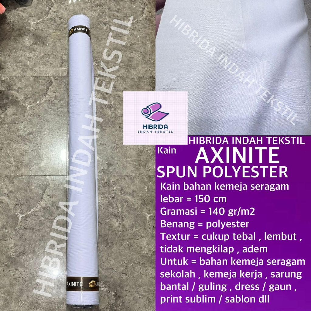 ( per setengah meter ) kain spun poly polyester AXINITE lebar 150 cm putih adem bahan baju kemeja at
