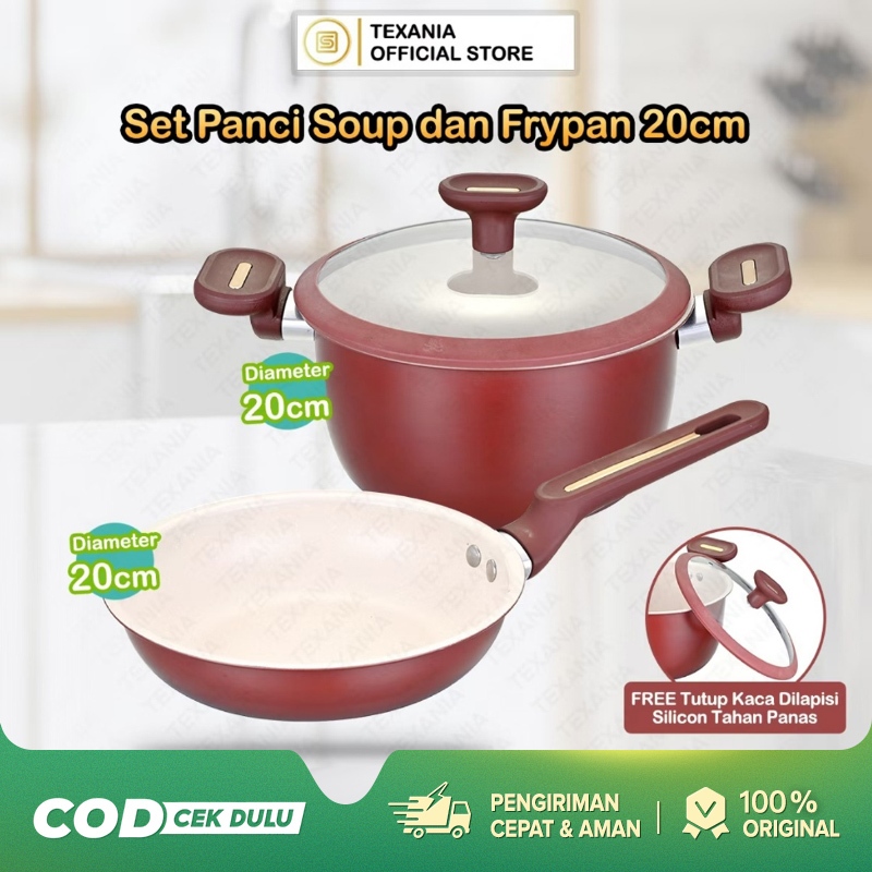 TEXANIA SET Panci Soup dan FrypanMaroon Anti Lengket 20cm Multifungsi MudahDibersihkan Kualitas Food