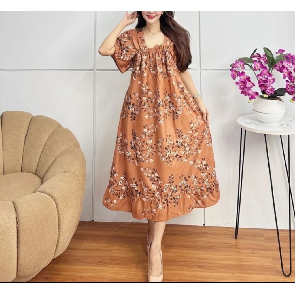 Daster Pendek Rayon Premium Motif Bunga Sakura Kerut Dada Rempel Bawah