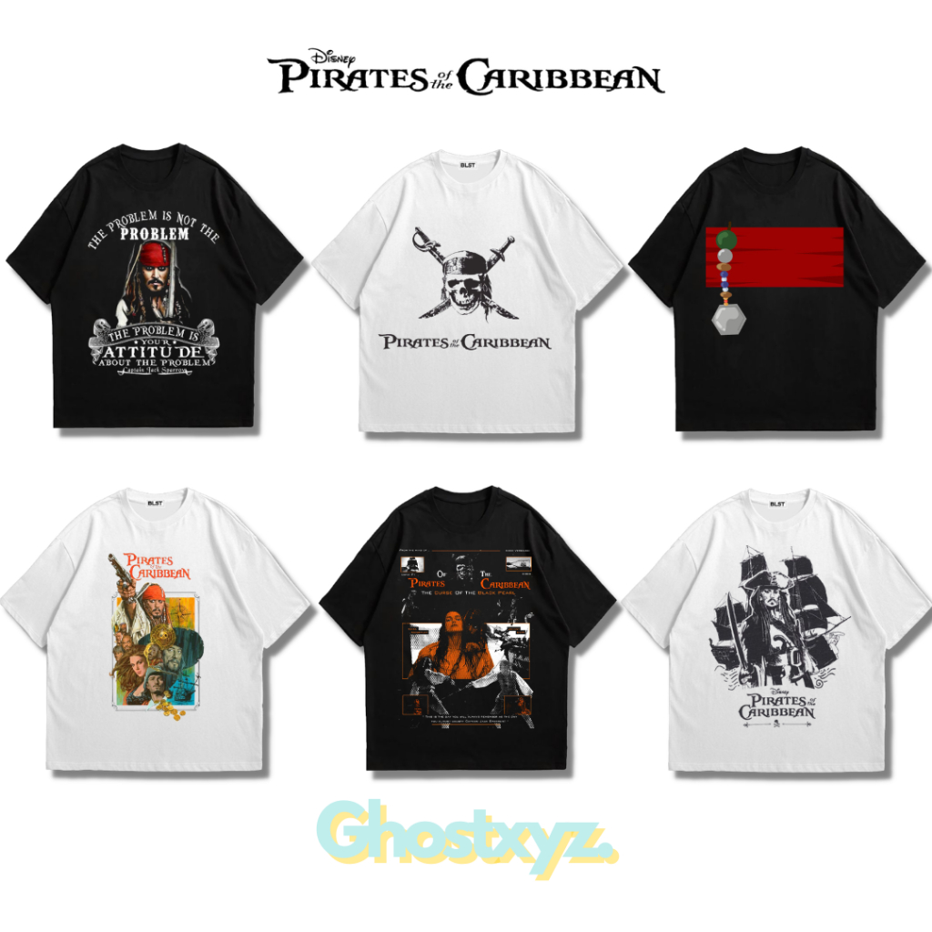Ghostxyz T-Shirt Pirates Of The Caribbean Black White Oversize Vintage Tee Baju Kaos