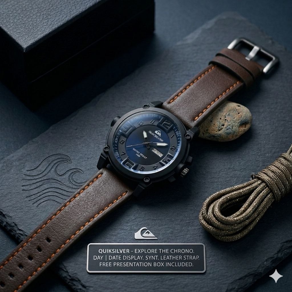 Jam Tangan Pria Kulit Quiksilver Tali Kulit Tanggal + Hari Aktif