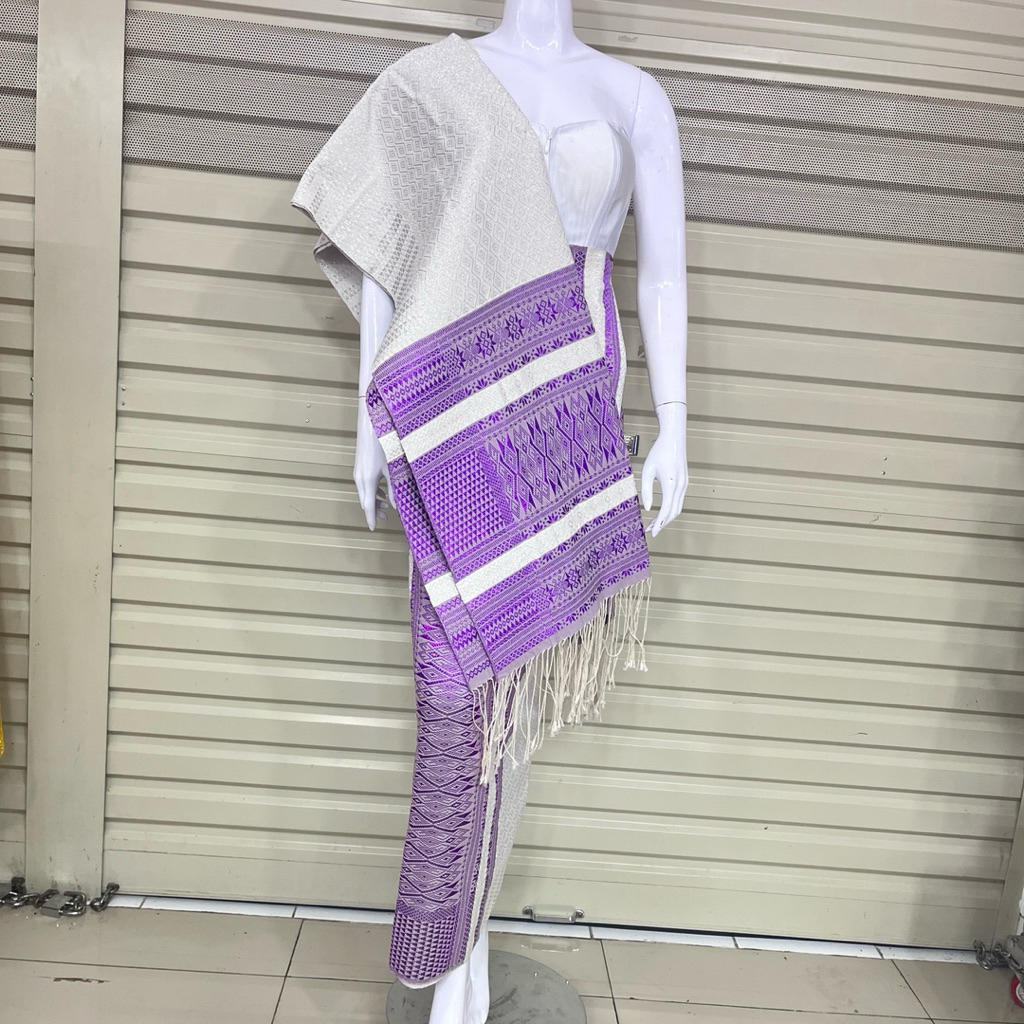 Set Songket Tumtuman + Selendang Warna Putih Tumpal Lilac Ungu | Tenun Benang Kristal Elegan