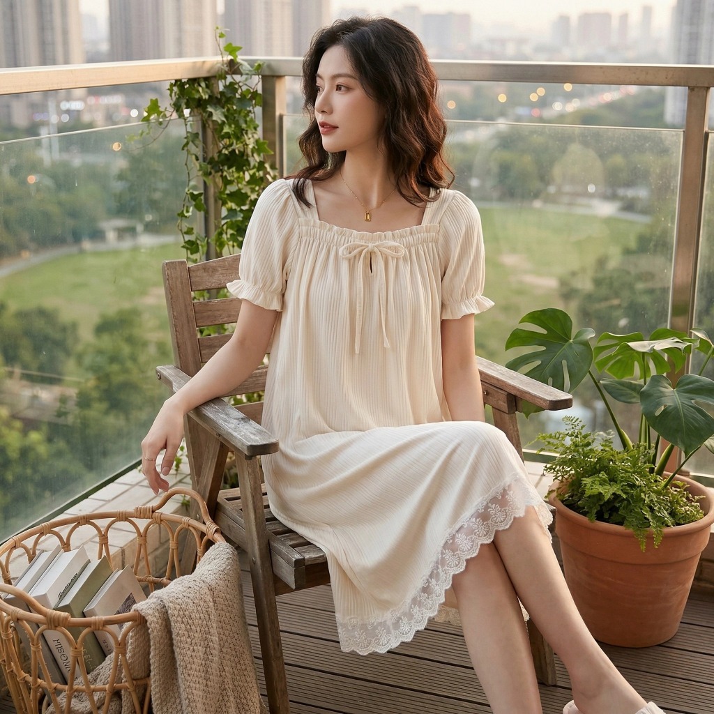 Polos Simple Gaya Korea Baju tidur Wanita Manis Imut Lengan pendek Gaun tidur Panjang Gaun