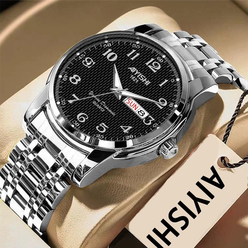 AIYISHI Jam Tangan Pria Anti Air Original Stainless Steel Chrono Aktif Cowok Luminous Kalender Analo