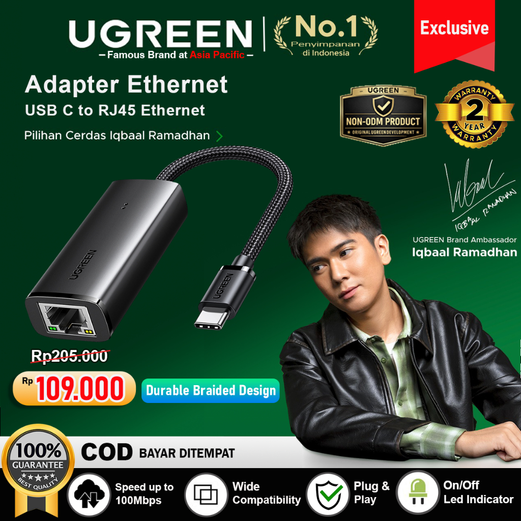 UGREEN USB C to LAN RJ45 Adapter Ethernet Network Speed 100Mbps 15633