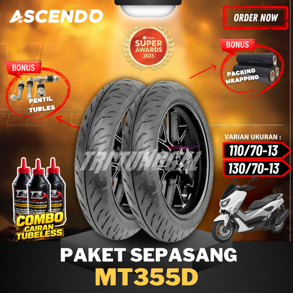 [PAKET SEPASANG] BAN ASCENDO MT355D TUBELESS ( 110/70-13 / 130/70-13 ) RING 13 BAN MOTOR MATIC NMAX 