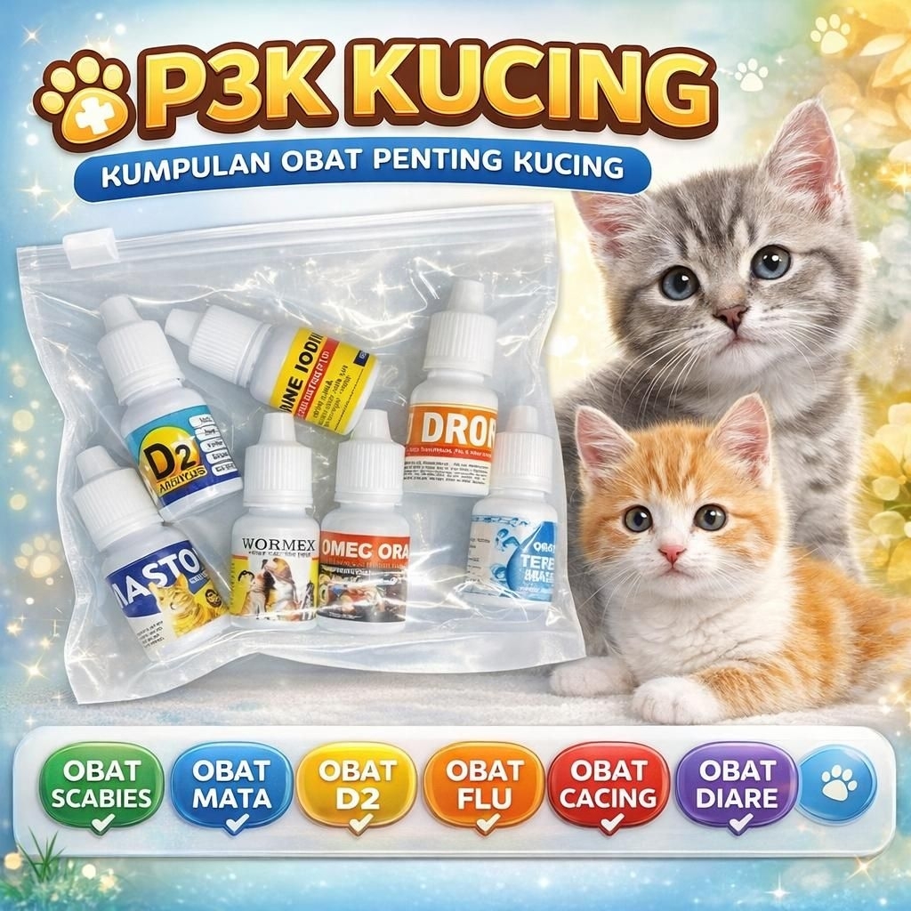 P3K KUCING - ISI 7 OBAT LENGKAP Obat D2 Obat Luka Tetes Mata Scabies Jamur Flu Demam Calici Cacing D