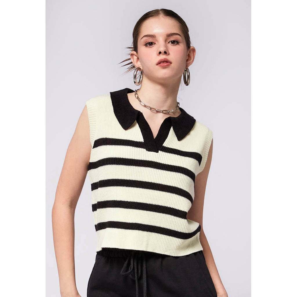 COLORBOX - Stripe Knit Polo Vest Off White Sleeveless preloved