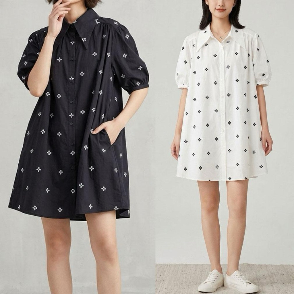 DRESS KEMEJA MINI KATUN POPLIN PREMIUM HITAM PUTIH OVERSIZE BORDIR BUNGA DUOTONE KERAH LANCIP KOREA 