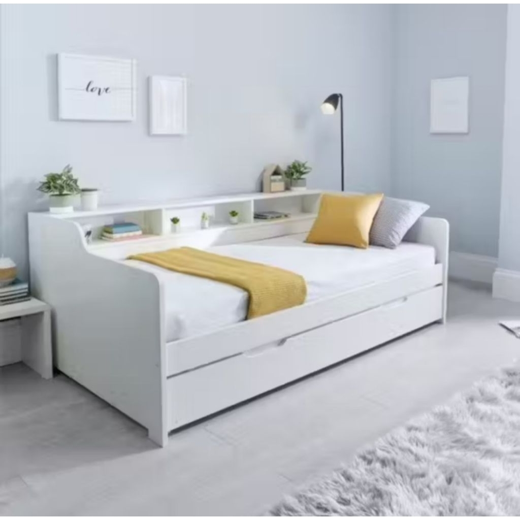 Dipan modren Sorong rak buku laci kayu putih minimalis IKEA ala Japan Korea Jabodetabek Bali Jatim J