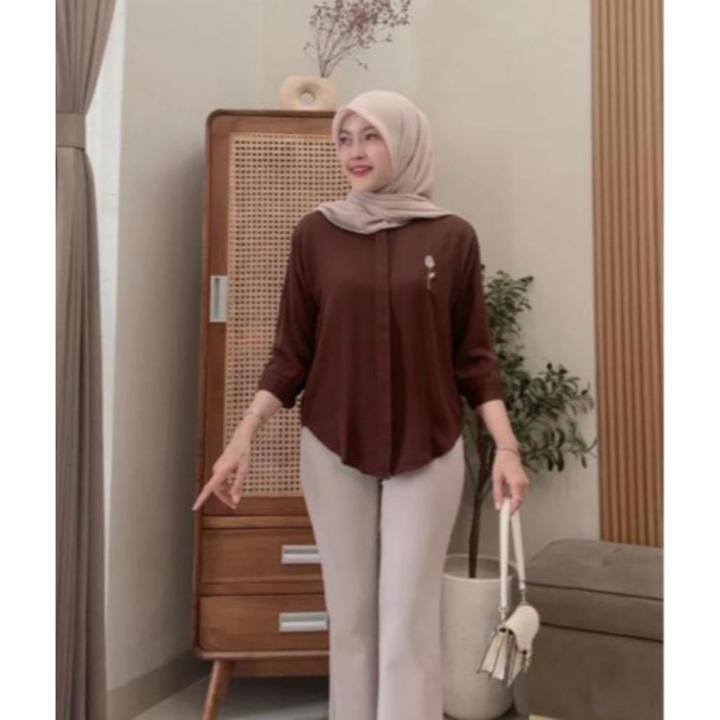 Kemeja Bordir Rayon Twill Premium Polos Motif Bunga Lengan 7/8 Terbaru - Kemeja Polos Bordir Motif B