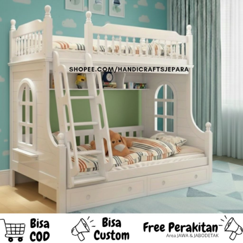 Bunk Bed Minimalis Kayu Solid Laci Storage