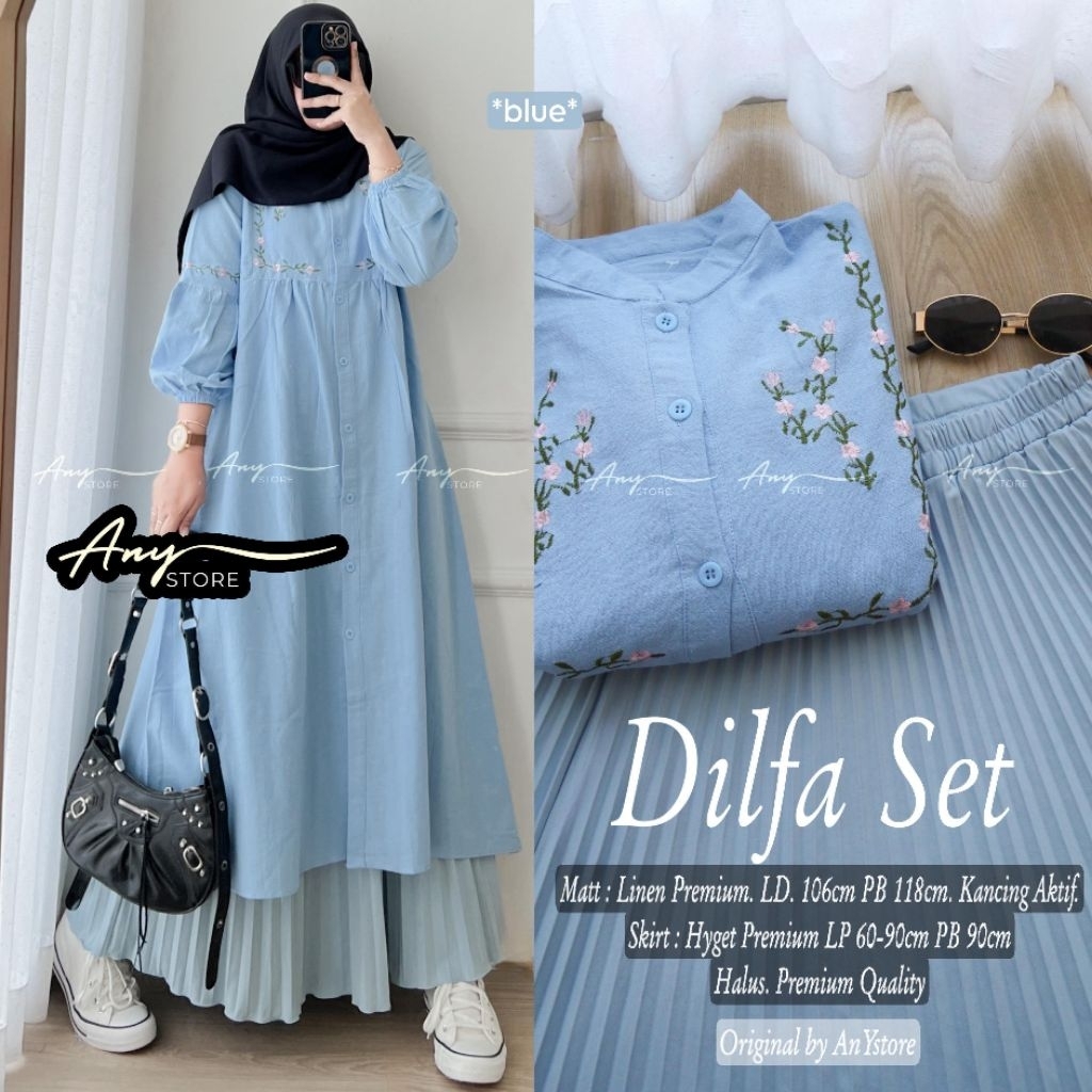Dilfa Set | Setelan Tunik Polos | Rok Plisket | Atasan Bawahan | One Set Malay Bordir | Tunik Putih 