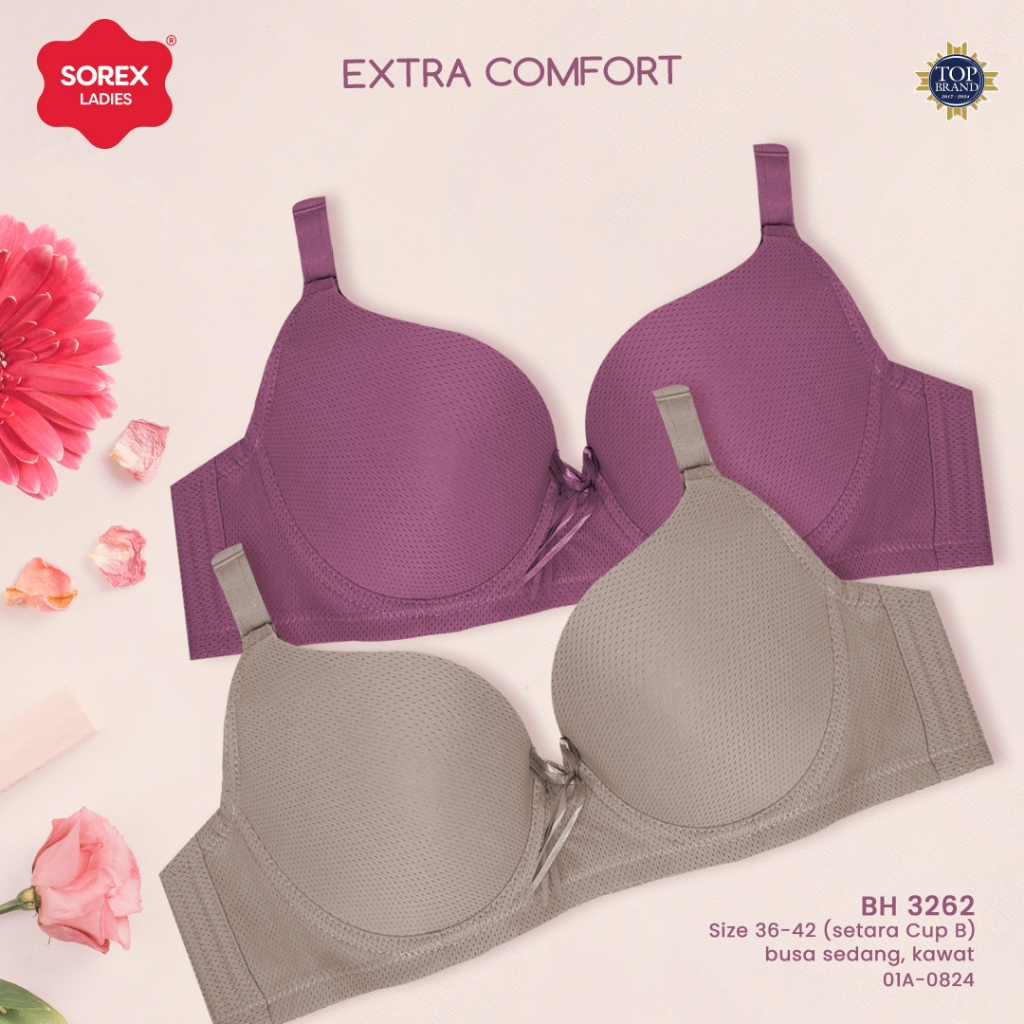 2 Pcs Bra Sorex 3262 Cup B - C Kawat Kait 3 Cup Besar Berpori Tali Bisa Dilepas Cup 3/4