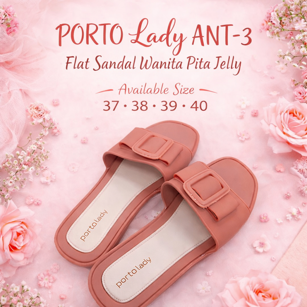 PORTO LADY ANT - 3 Sandal selop Flat wanita Pita Jelly karet Size 37 38 39 40