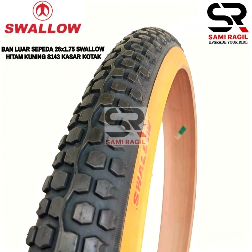 BAN LUAR SEPEDA 26 x 1.75 SWALLOW HITAM KUNING S143 KASAR KOTAK MTB FEDERAL MINI 26x1.75